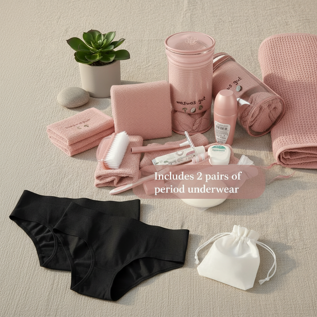 Women's Waswas Gut Kit displayed with 2 pairs of black period underwear – includes 2 pairs